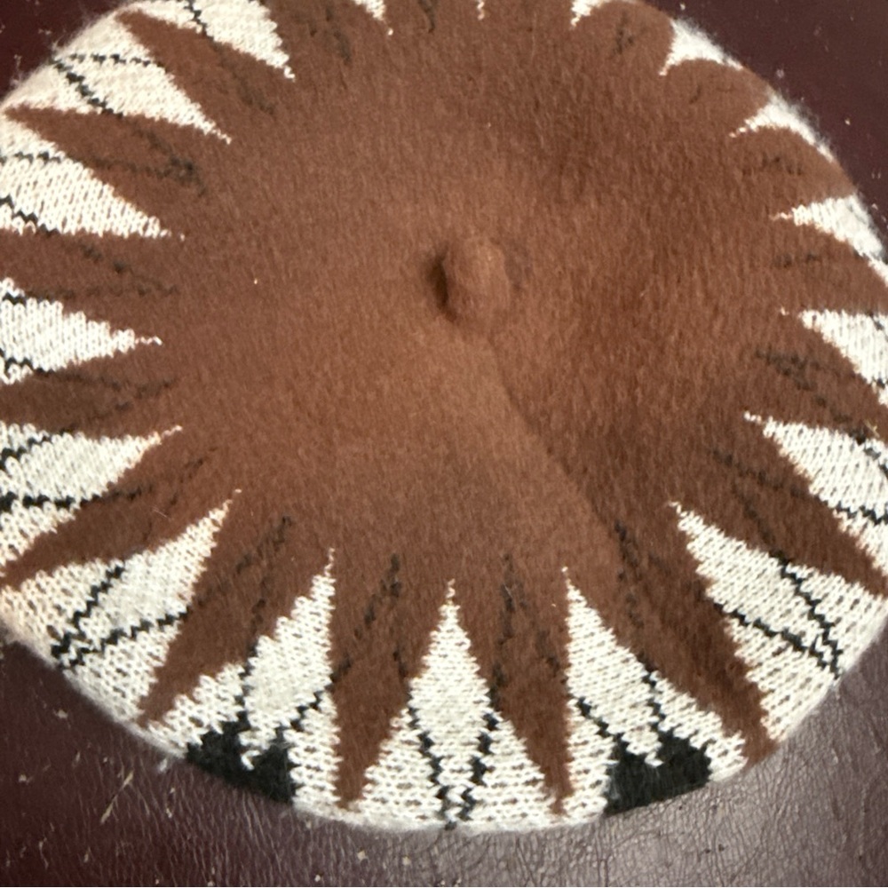 Brown and White Knit Beret